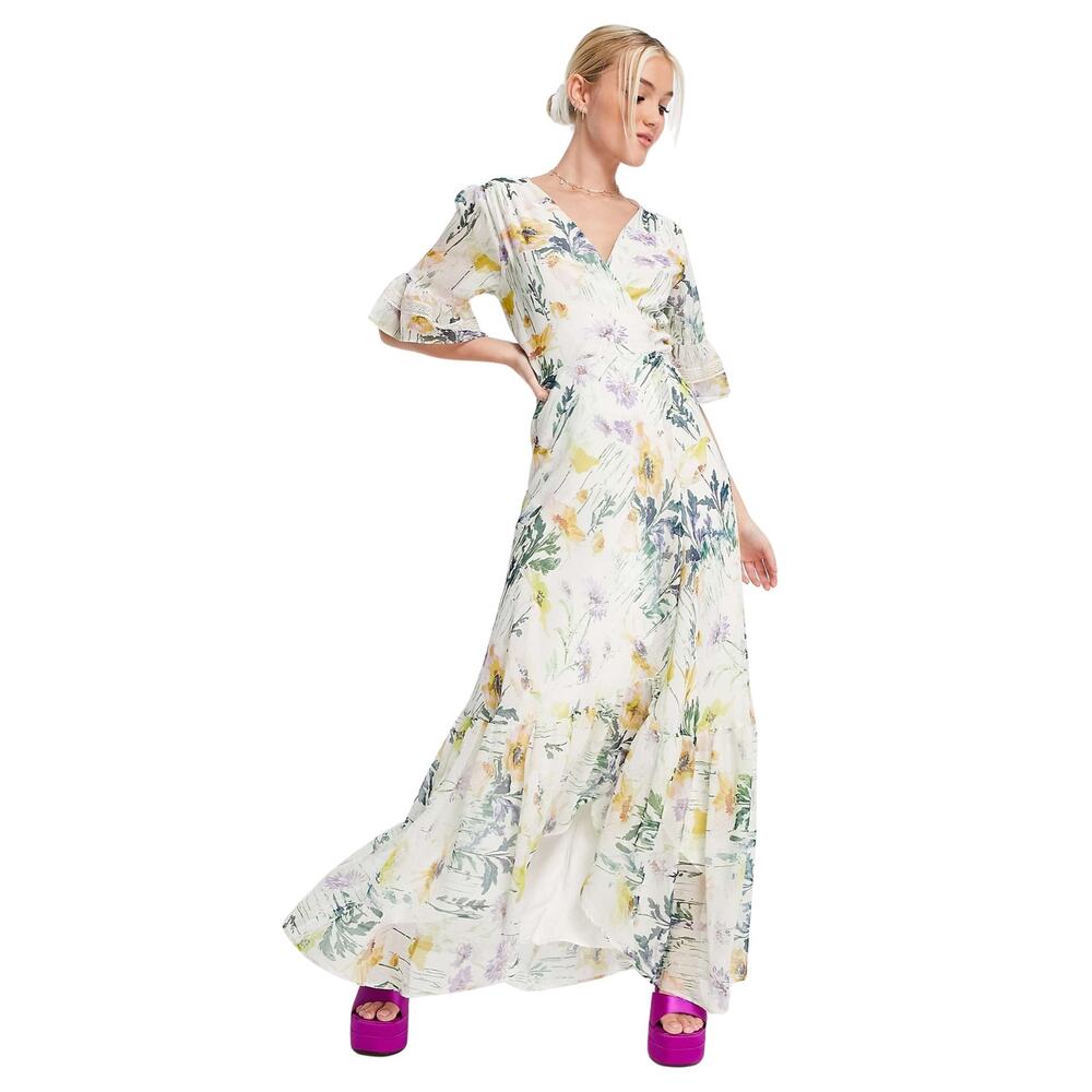 Hope & Ivy Flora Floral Lemon Chiffon Wrap Maxi Dress Size 14